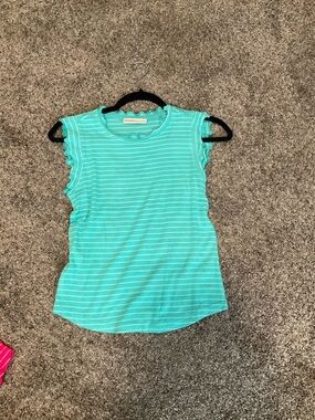 Striped Ruffle Sleeve Tank Top - Aqua